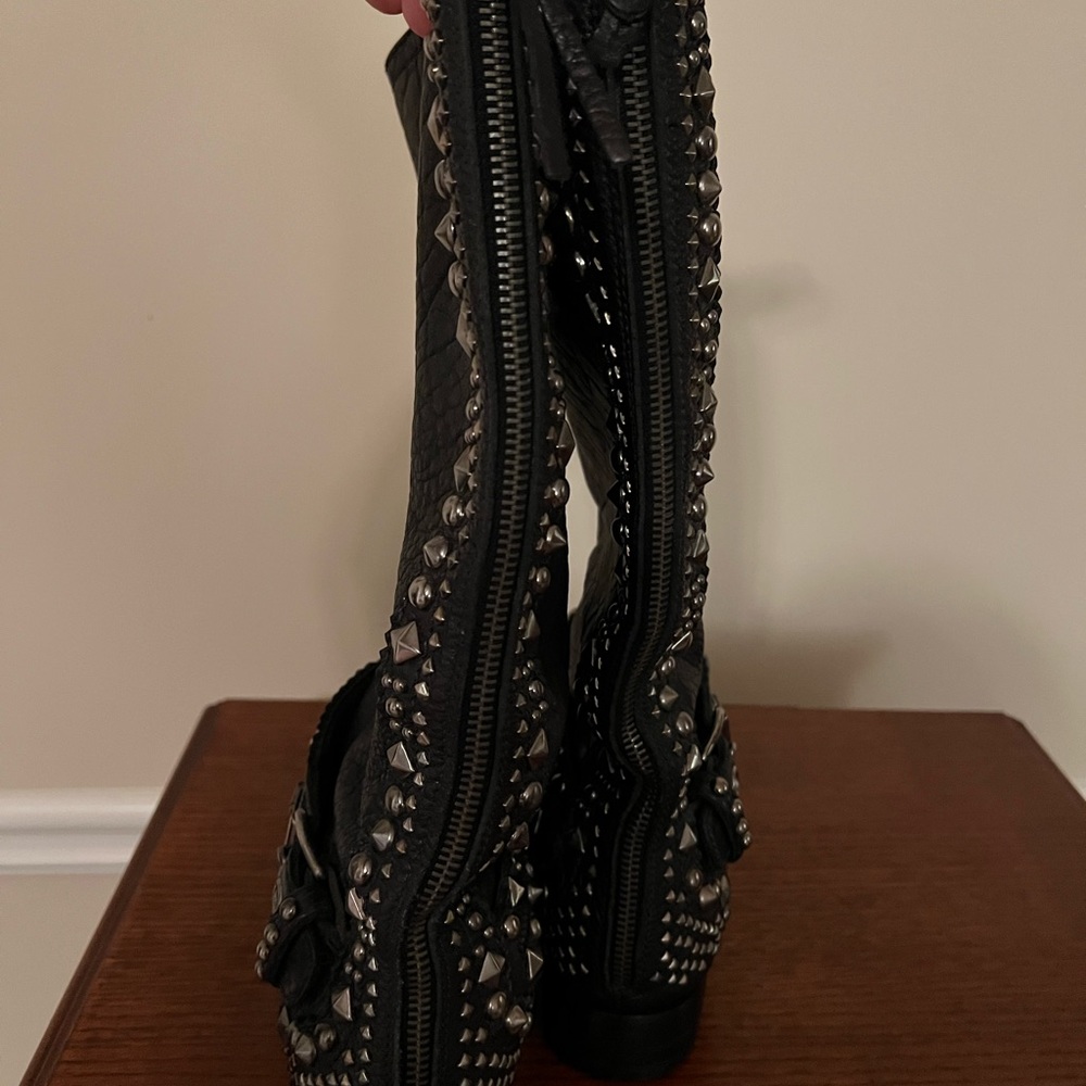 Black pebbled leather Mui Mui Moto boots